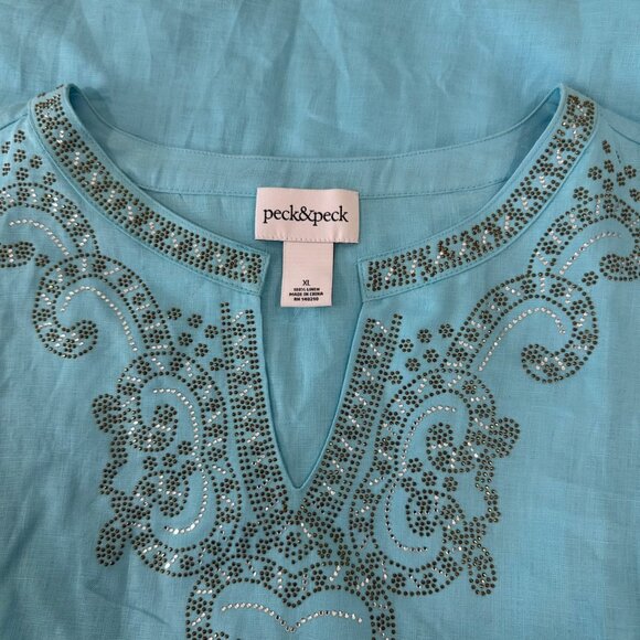 Peck & Peck Blue Embroidered Linen Tunic Top 3/4 Sleeves & Split Neckline-SZ XL - Picture 11 of 12